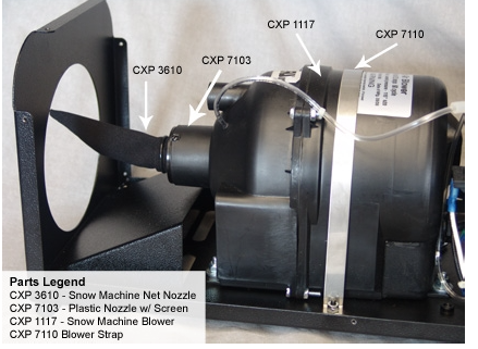 The Silent Storm uses small Jacuzzi blower above which is not a designed snow machine Nozzle, like seen below in the photo on a snowmaters Machine. The air to fluid ratio is not correct.  